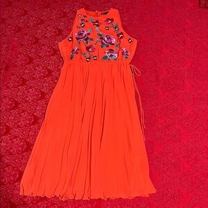 ASOS Coral Pleated Dress Floral Embroidery Size 8